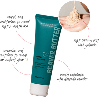 A teal bottle of Polishing Cream Scrub by Beaver Butter with a close up of the cream in a hand.