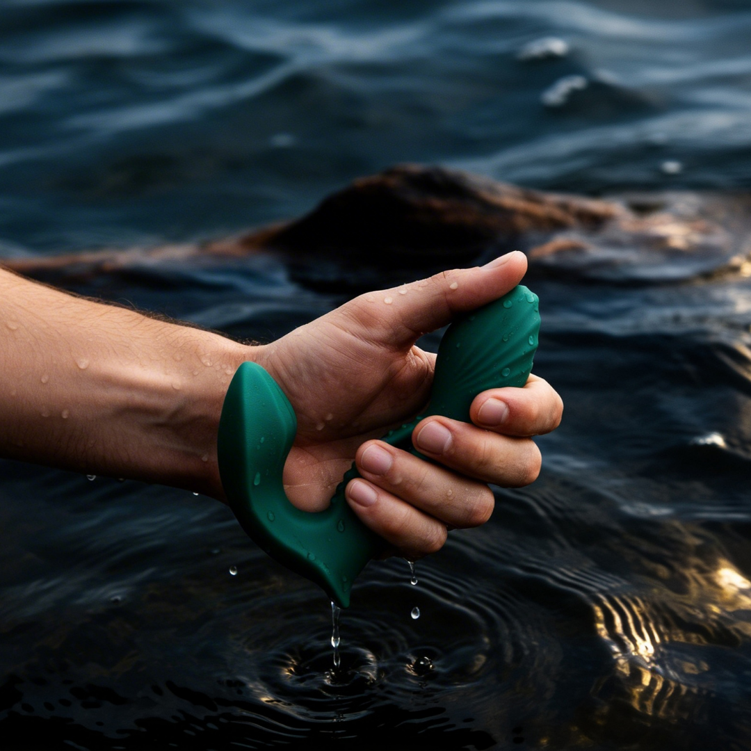 A hand holding a green Prove Prostate Vibrator by Liberator over water.