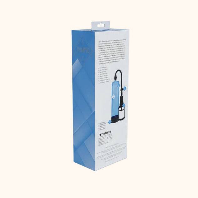 The back of a blue and white box for a Pumped Penis pump against a white background.