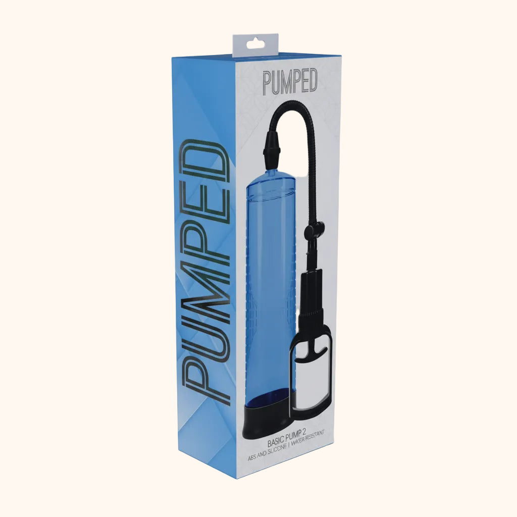 A blue and white box for a Pumped Penis pump against a white background.