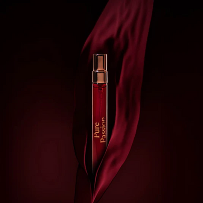 Small travel sized bottle with 'Pure Passion' by High On Love text on a dark background