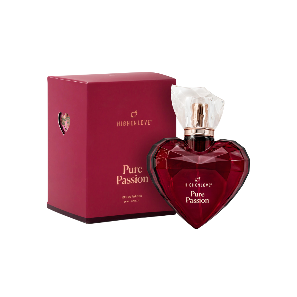 Pure Passion Perfume by High On Love in a bottle next to the box.