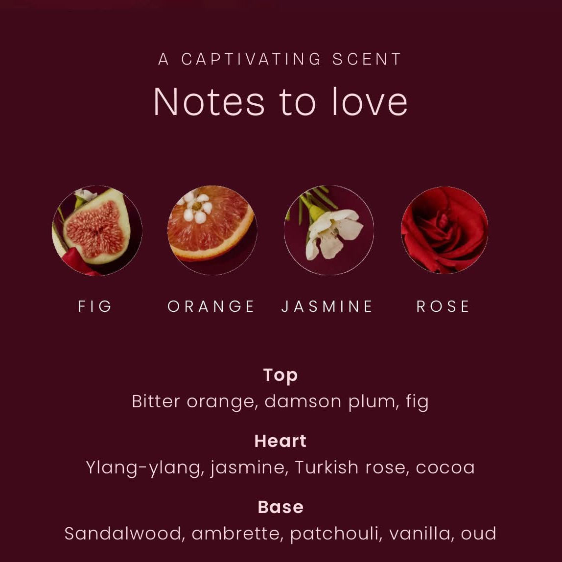 Product description card with scents and their notes on a dark red background