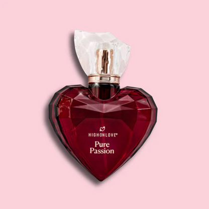 Heart-shaped red perfume bottle with High On Love and 'Pure Passion' on a pink background