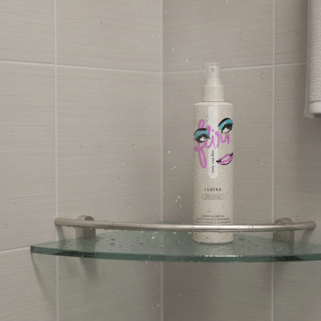 Lustra body oil bottle sitting on a glass shower shelf with water droplets.