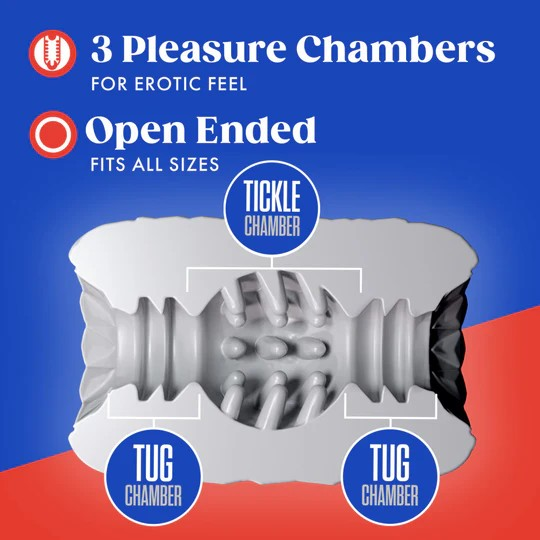 The interior of the chamber on a Reakt white textured male sleeve on a blue and red background showing the three chambers and open ends.