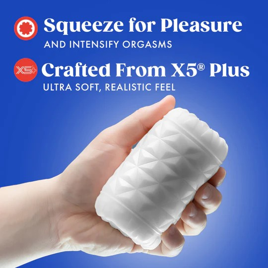 A hand holding a Reakt white textured male sleeve on a blue background with a description.