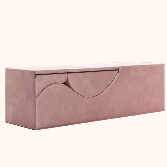 Rose Aria Flip Chaise by Liberator folded into a bench up into a rectangle against white background