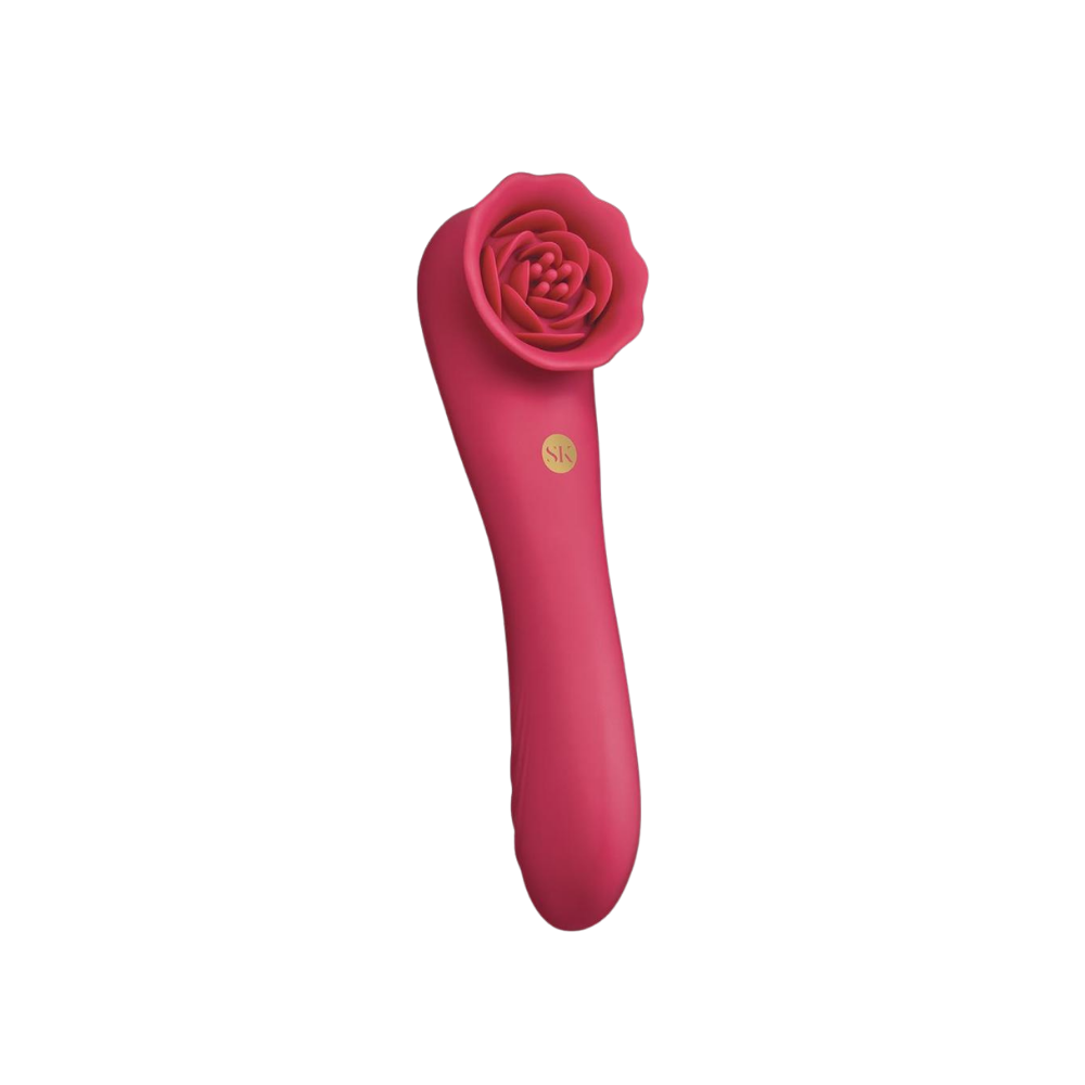 A red rose colored Rose Quake vibrator with a rose end.