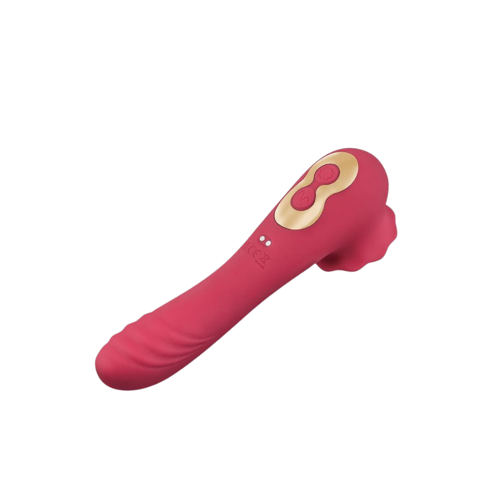 The back of a red rose colored Rose Quake vibrator with a rose end.