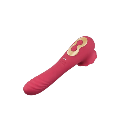 The back of a red rose colored Rose Quake vibrator with a rose end.