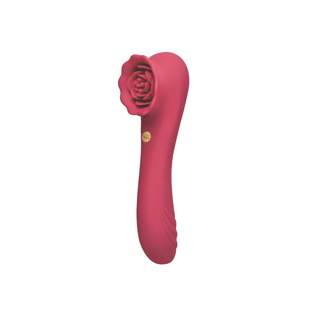 A red rose colored Rose Quake vibrator with a rose end.