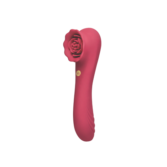 A red rose colored Rose Quake vibrator with a rose end.