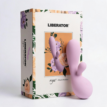 A pink Rya rabbit massager vibrator sitting next to the box.