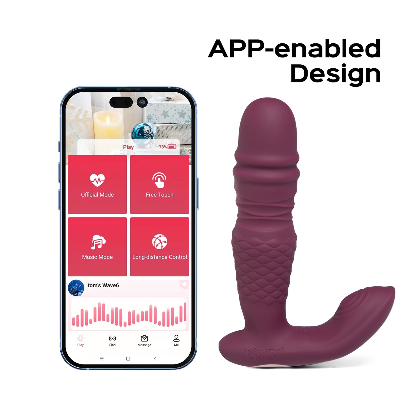 A purple Ryder Thrusting Vibrator against a white background next to a phone showing the app.