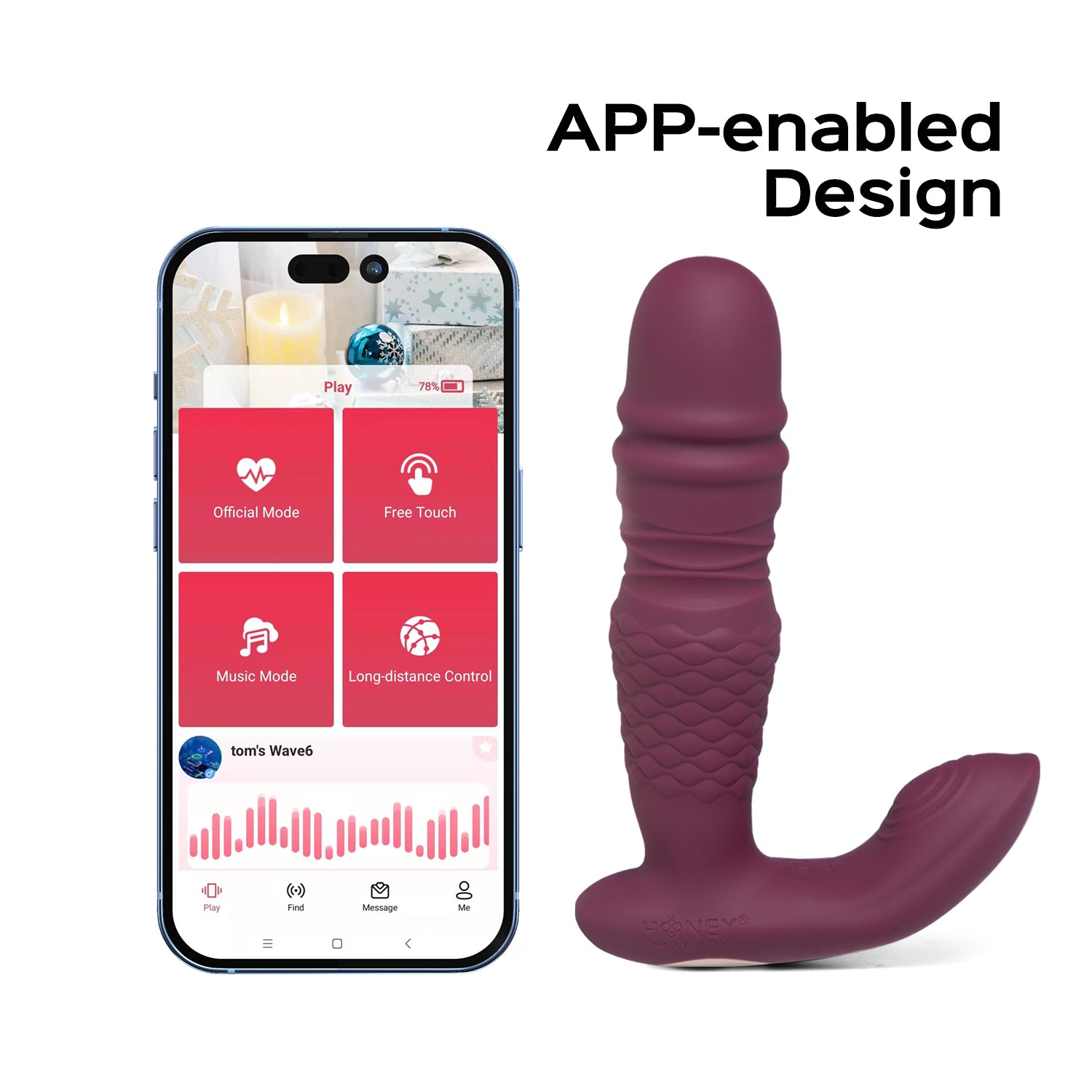 A purple Ryder Thrusting Vibrator against a white background next to a phone showing the app.