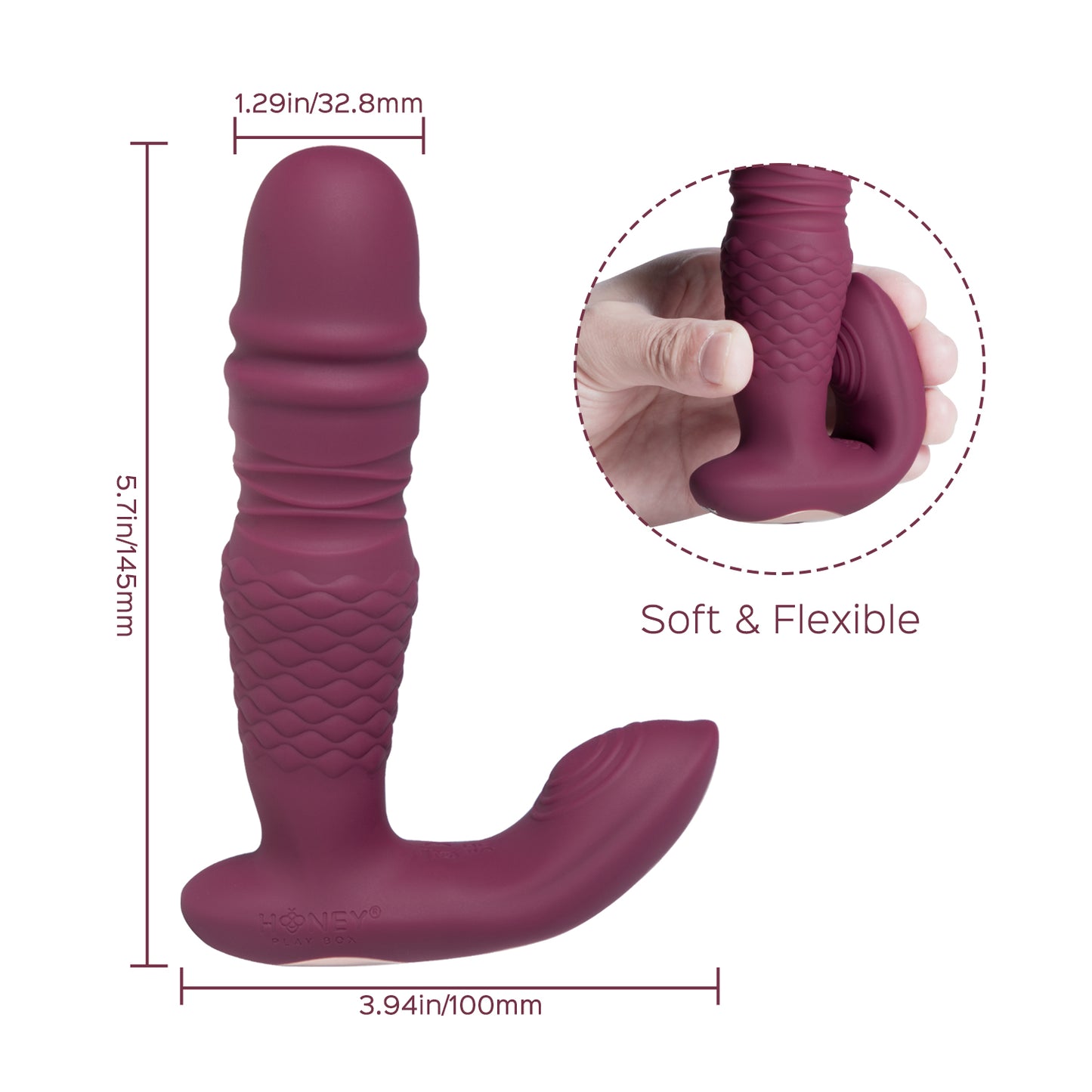 A purple Ryder Thrusting Vibrator against a white background showing the dimensions and ridges.