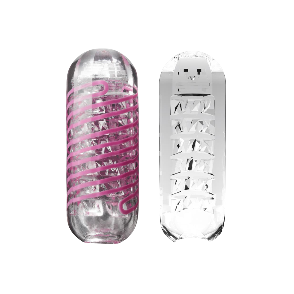 Clear cylindrical container with pink spiral design next to one that is clear showing the details of the interior.