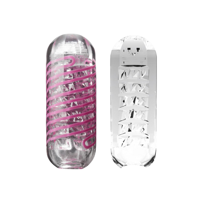 Clear cylindrical container with pink spiral design next to one that is clear showing the details of the interior.