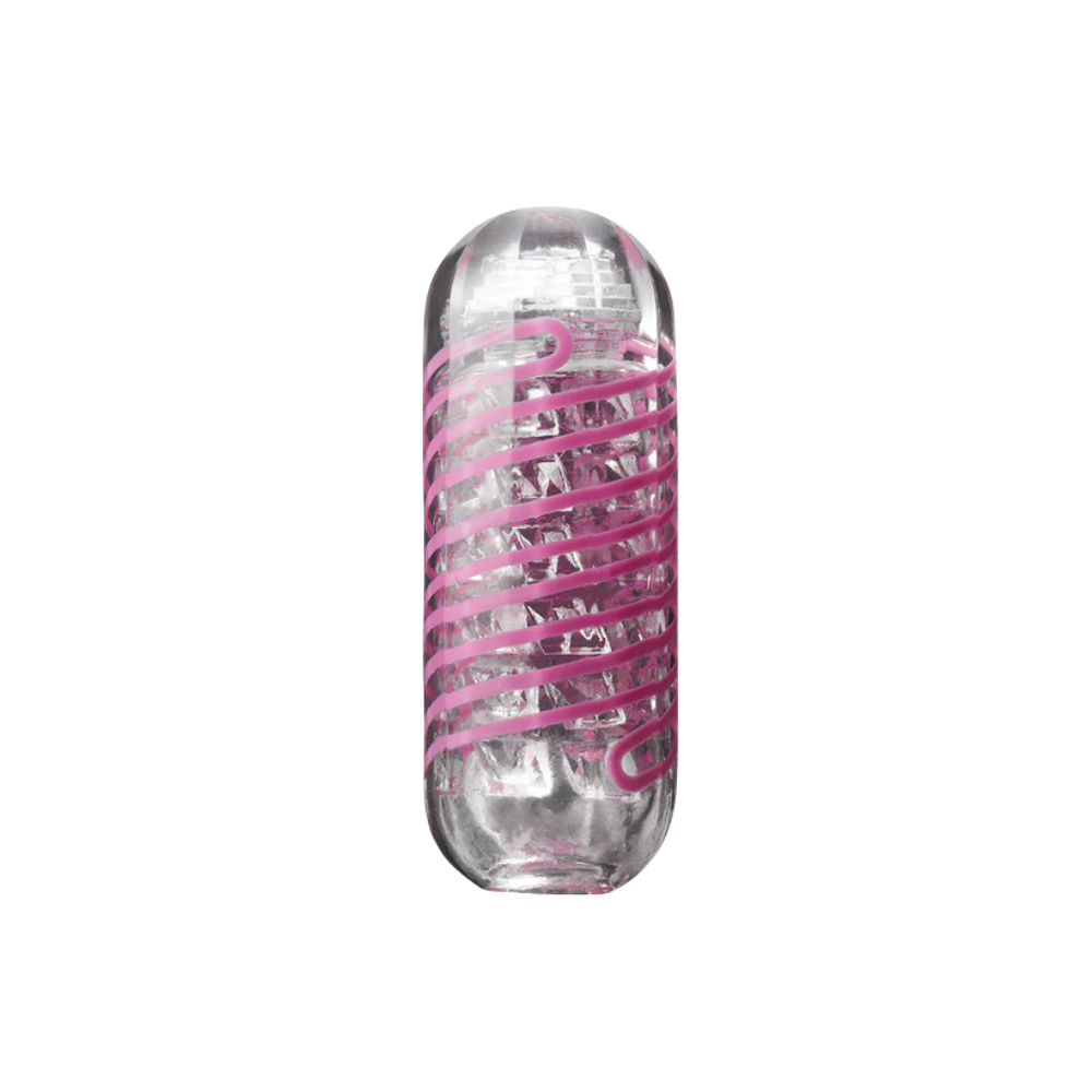 Clear cylindrical container with pink spiral design on a white background