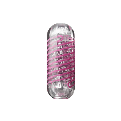Clear cylindrical container with pink spiral design on a white background