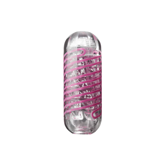 Clear cylindrical container with pink spiral design on a white background