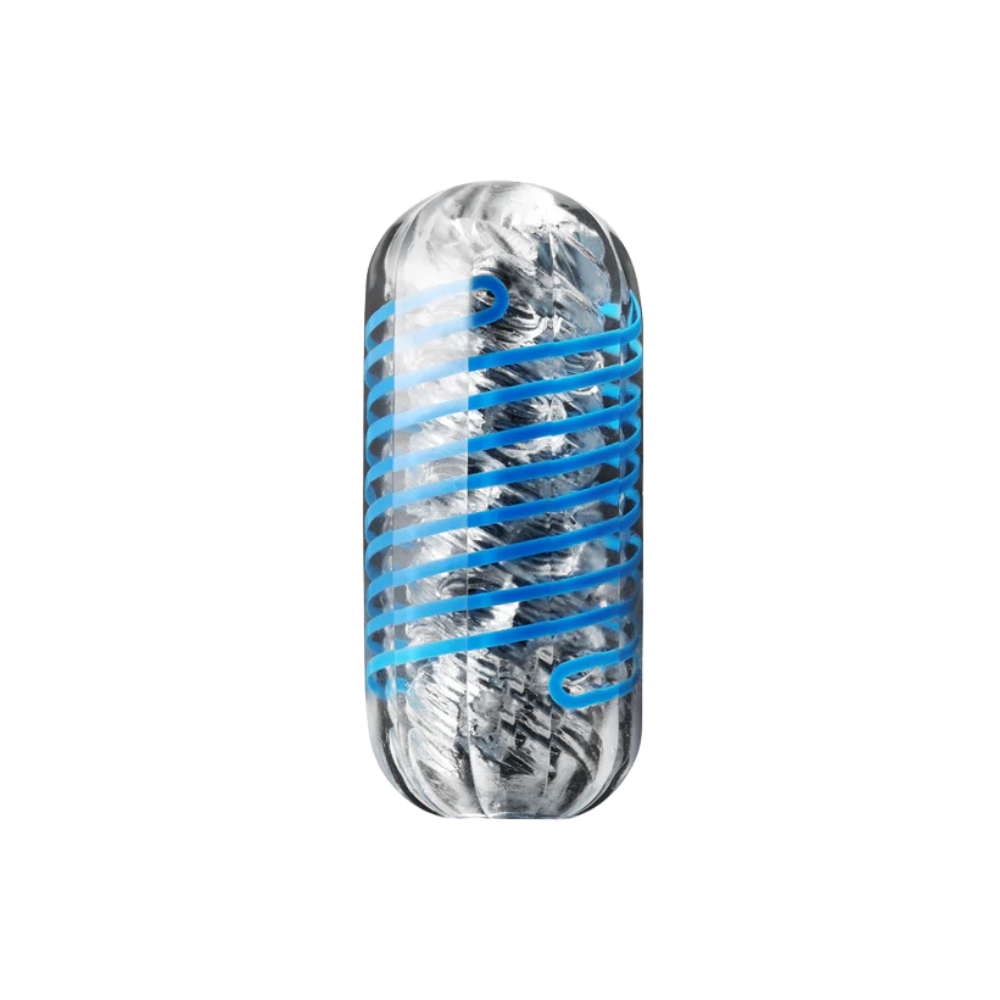 Clear cylindrical object with blue accents on a white background 
