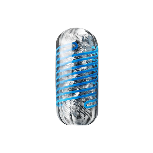 Clear cylindrical object with blue accents on a white background 
