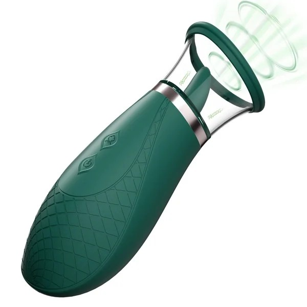 A green Sucking and Licking Scioness Clitoral Stimulator on a white background.