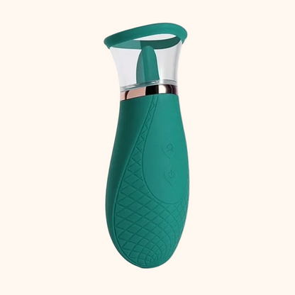 A green Sucking and Licking Scioness Clitoral Stimulator on a white background.