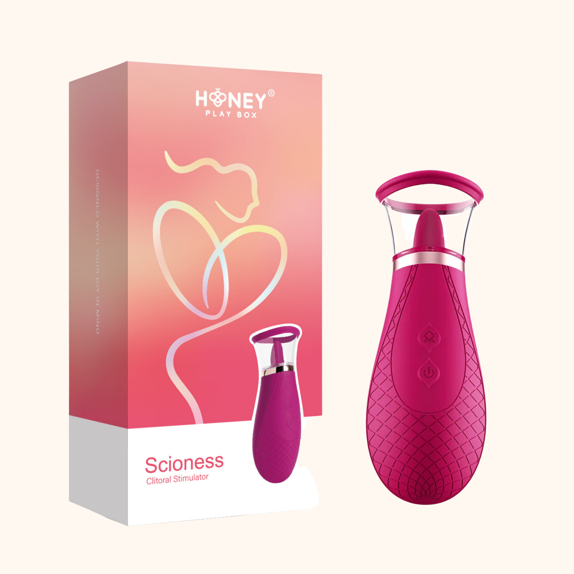 A pink Sucking and Licking Scioness Clitoral Stimulator on a white background next to the box.