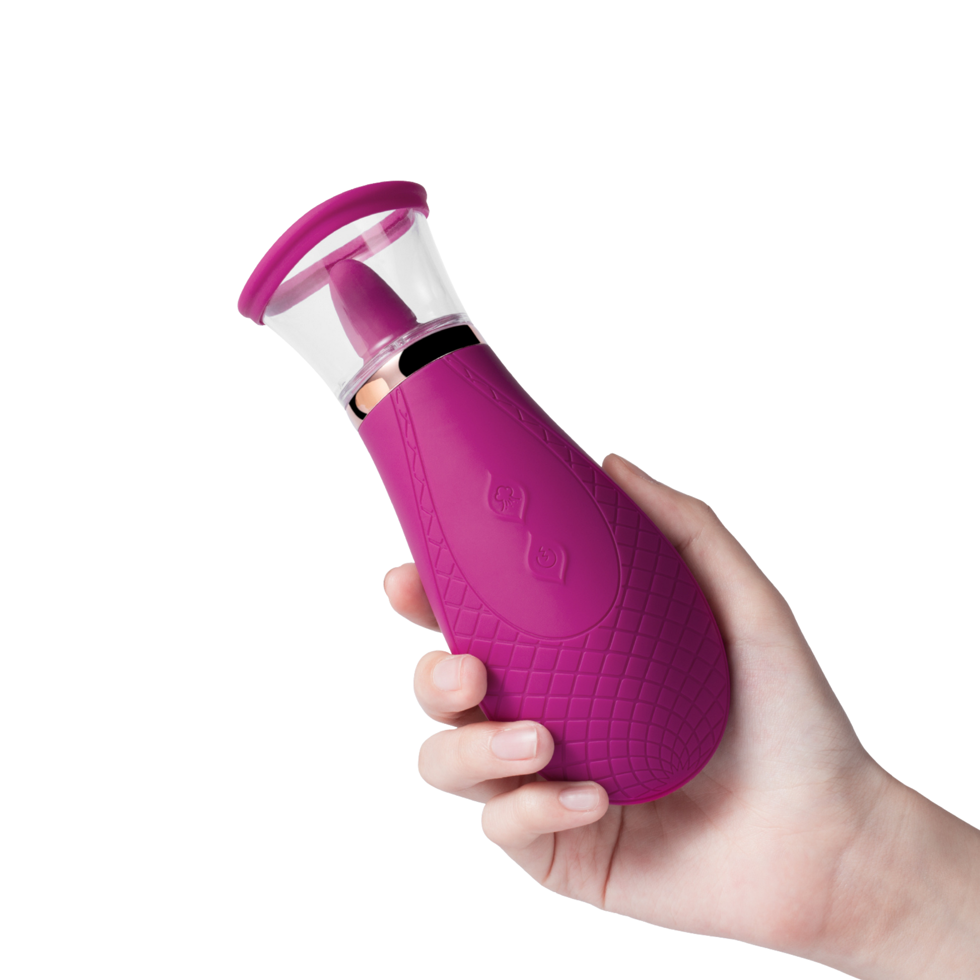 A hand holding a pink Sucking and Licking Scioness Clitoral Stimulator.