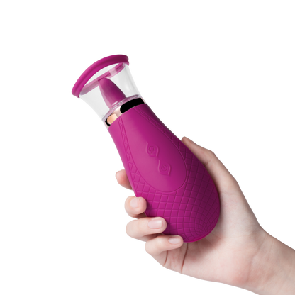 A hand holding a pink Sucking and Licking Scioness Clitoral Stimulator.
