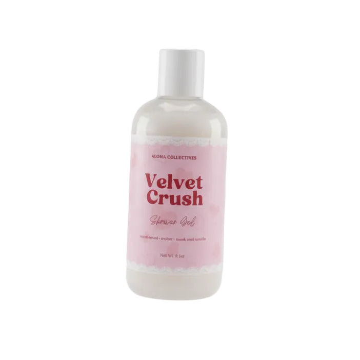 Bottle of 'Velvet Crush' shower gel and bubble bath with a pink label on a white background.