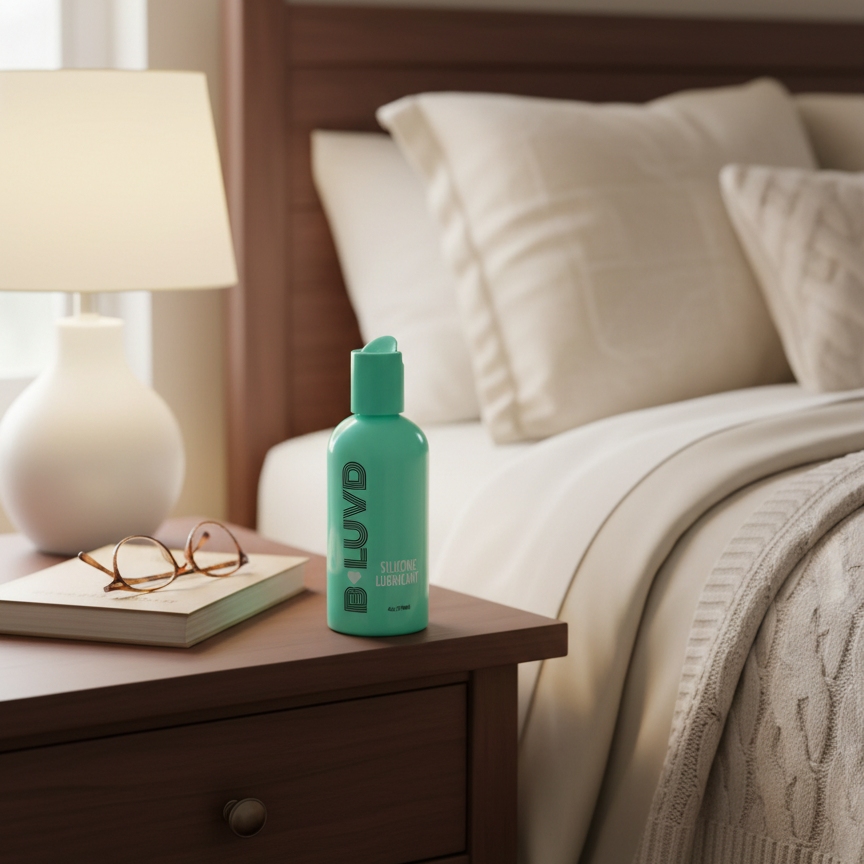 B-luvd silicone lubricant green bottle on bedside table 