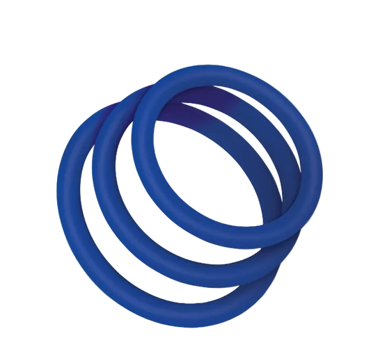 A set of three blue silicone rings in varying sizes.