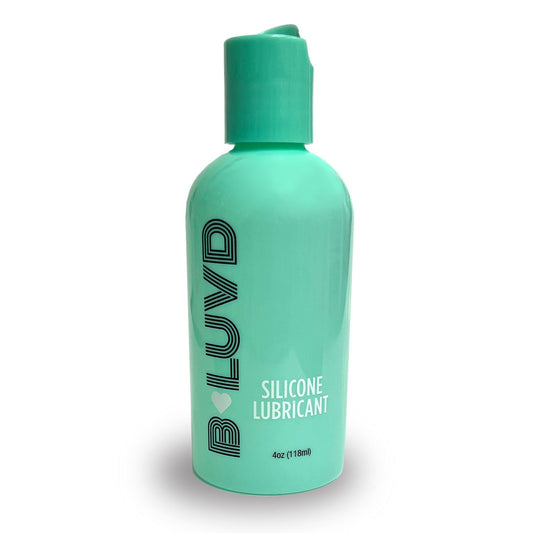 Turquoise bottle of BLUVD silicone lubricant on a white background