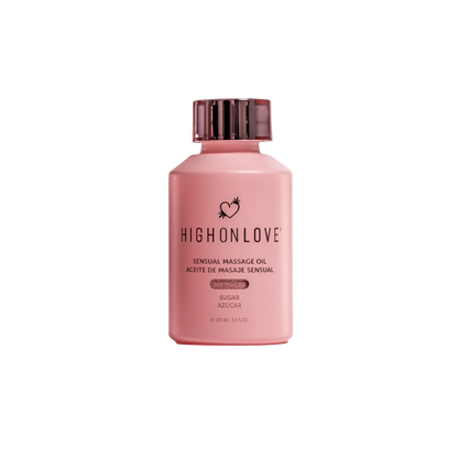 A pink bottle of Sugar High Massage Oil by High On Love.