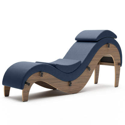 A evening blue Supervio Tantric Chaise with maple, Bedroom Furniture by Liberator against a white background.