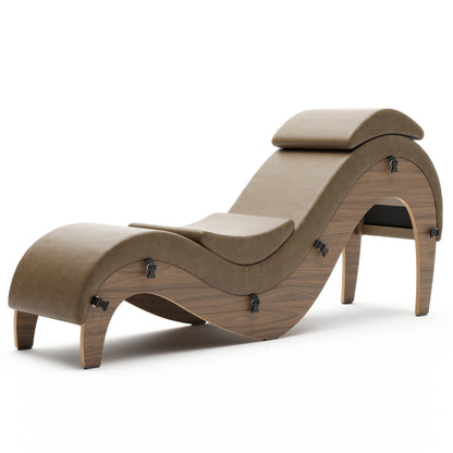 A saddle colored Supervio Tantric Chaise with maple, Bedroom Furniture by Liberator against a white background.