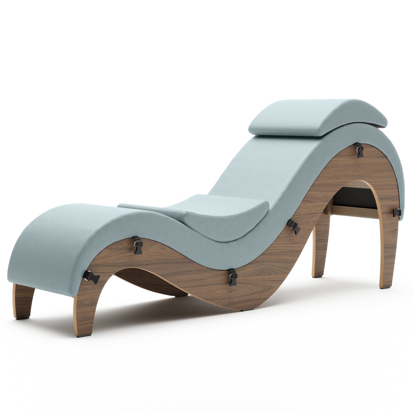 A sterling blue Supervio Tantric Chaise with maple, Bedroom Furniture by Liberator against a white background.