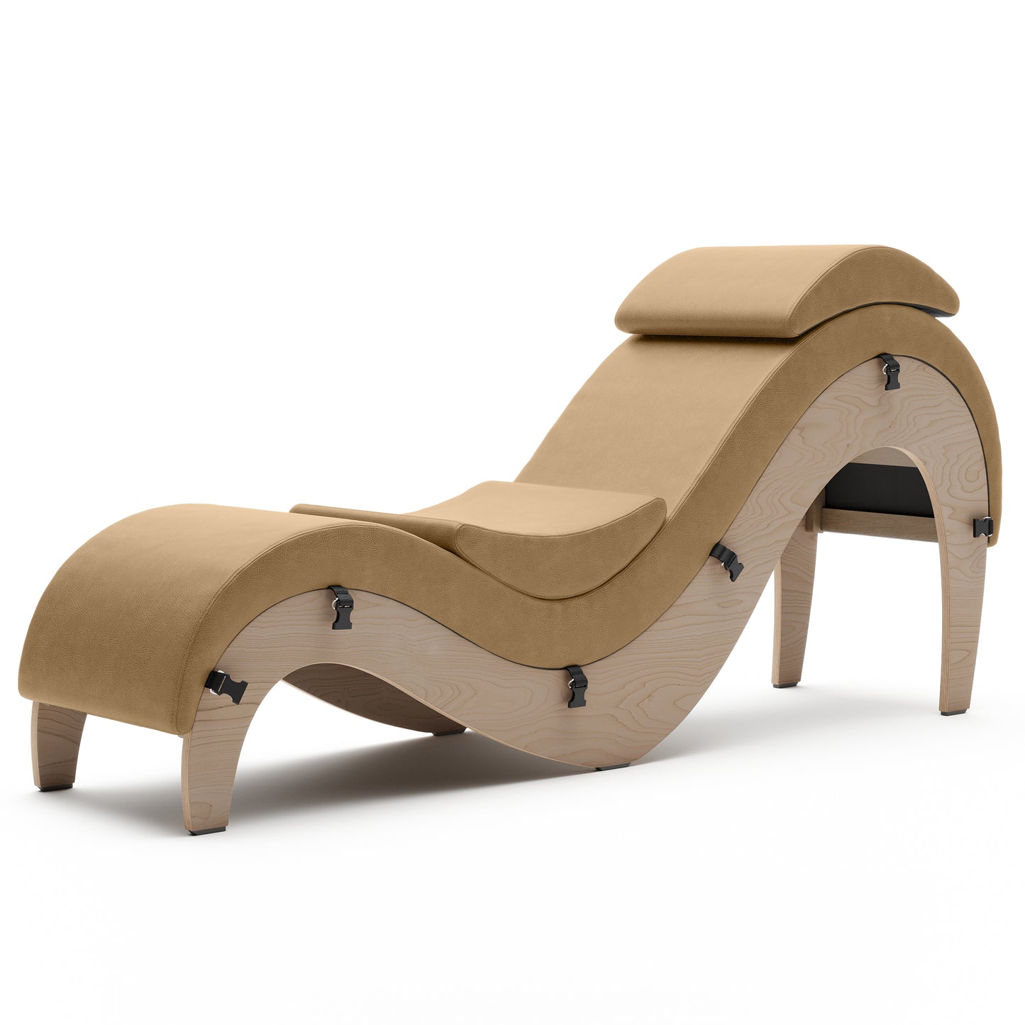 A saddle colored Supervio Tantric Chaise with walnut, Bedroom Furniture by Liberator against a white background.