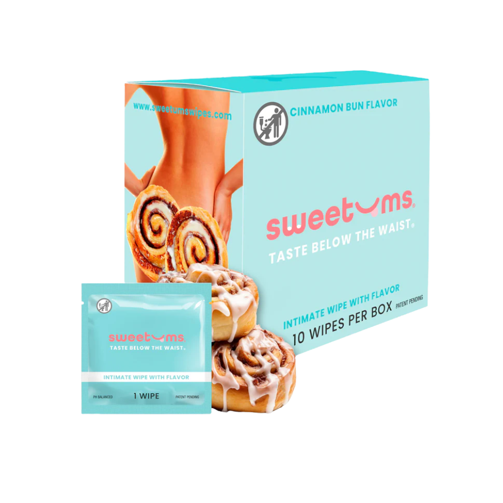 A box and individual package of cinnamon bun flavored intimate wipe for her by Sweet Ums.