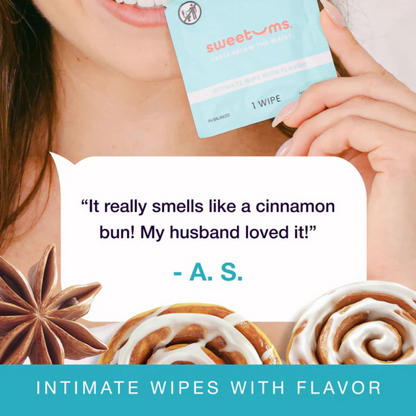 A comment about a cinnamon bun intimate wipe for her by Sweet Ums saying it smells really good.