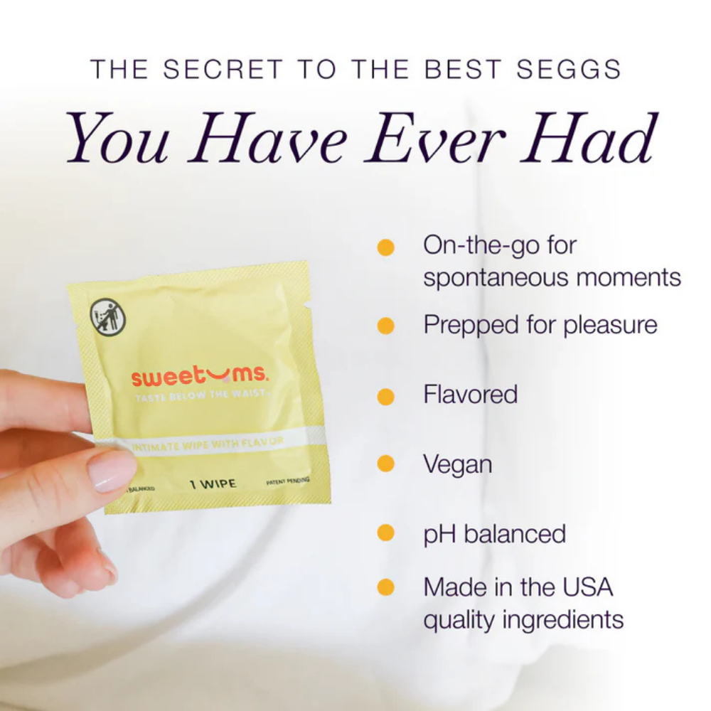 A individual package of intimate wipes for her held against a white background showing details of the wipe.