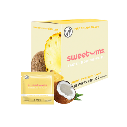 A box and individual package of pina colada flavored intimate wipe for her by Sweet Ums.