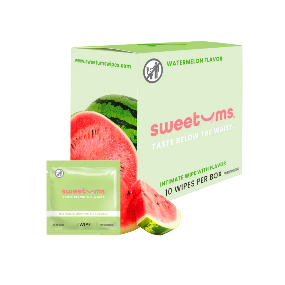 A box and individual package of watermelon flavored intimate wipe for her by Sweet Ums.
