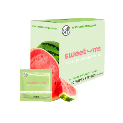 A box and individual package of watermelon flavored intimate wipe for her by Sweet Ums.