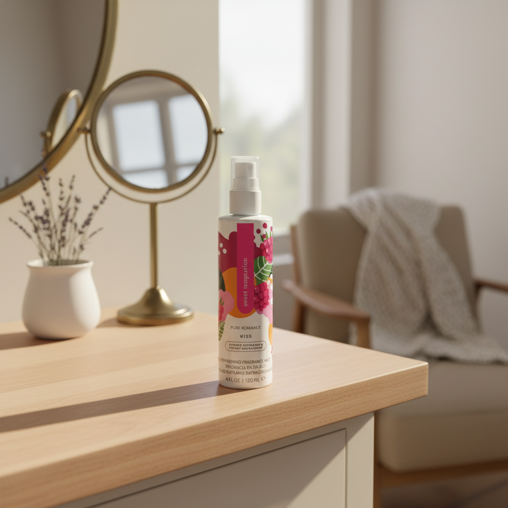 Sweet Temptation Fragrance Mist on a bedroom counter