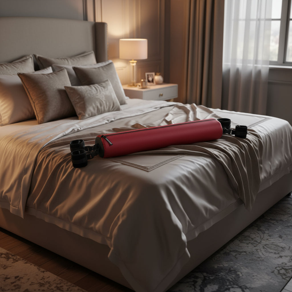 Red cylindrical foam pad with black straps on a bed.